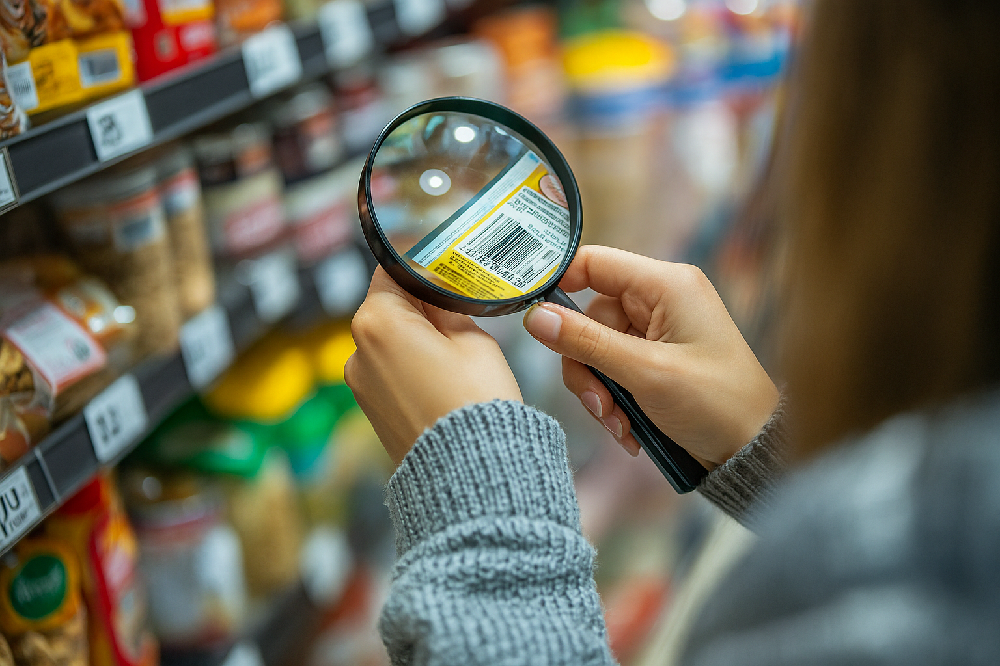 Person reading a product label closely.